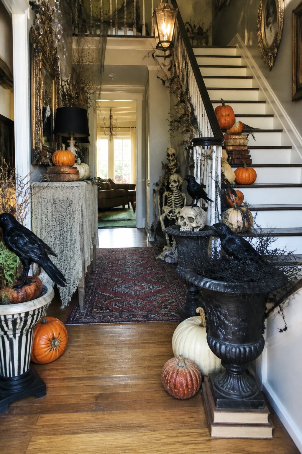 Foyer and staircase decorated with standing skeletons, black crows on urns, skulls, and pumpkins for Halloween.