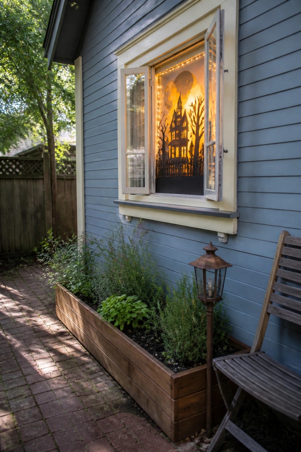 Blue house window with glowing haunted house silhouette, planter box, lantern and chair.