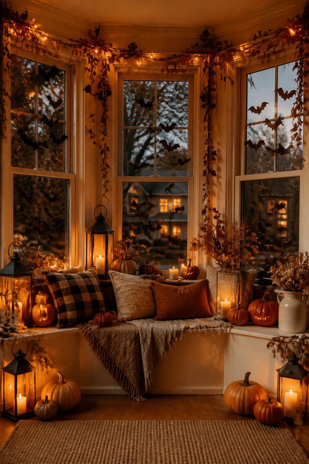 Bay window with multiple black bat cutouts on the glass, autumn leaf garlands with string lights, and pumpkins arranged on the window seat.