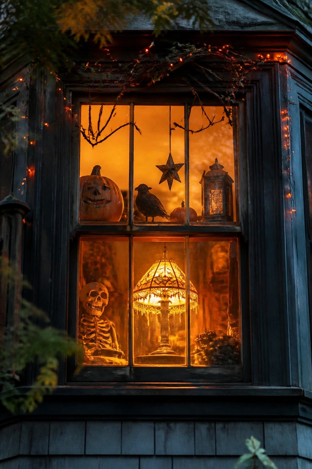 A dark wood window display featuring a skeleton figure, carved jack-o'-lantern, small black bird, and glowing lamp arranged on the sill.