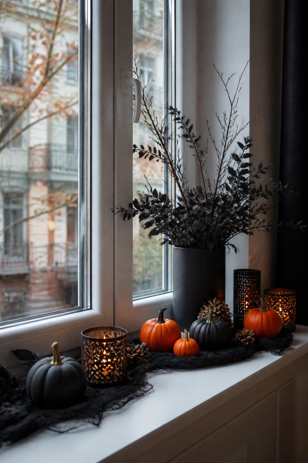 Windowsill with a tall black vase holding dark branches, surrounded by orange and black pumpkins and glowing lanterns.