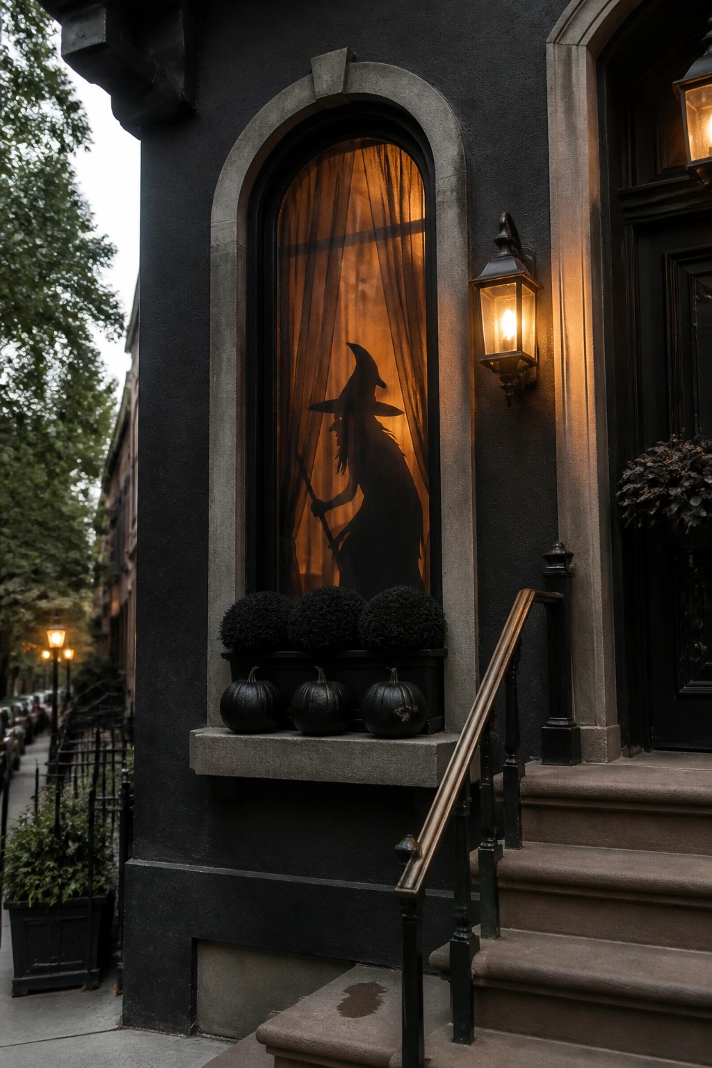 A dark house exterior features an arched window with a witch silhouette visible against warm interior light, and three black pumpkins rest on the stone ledge below.