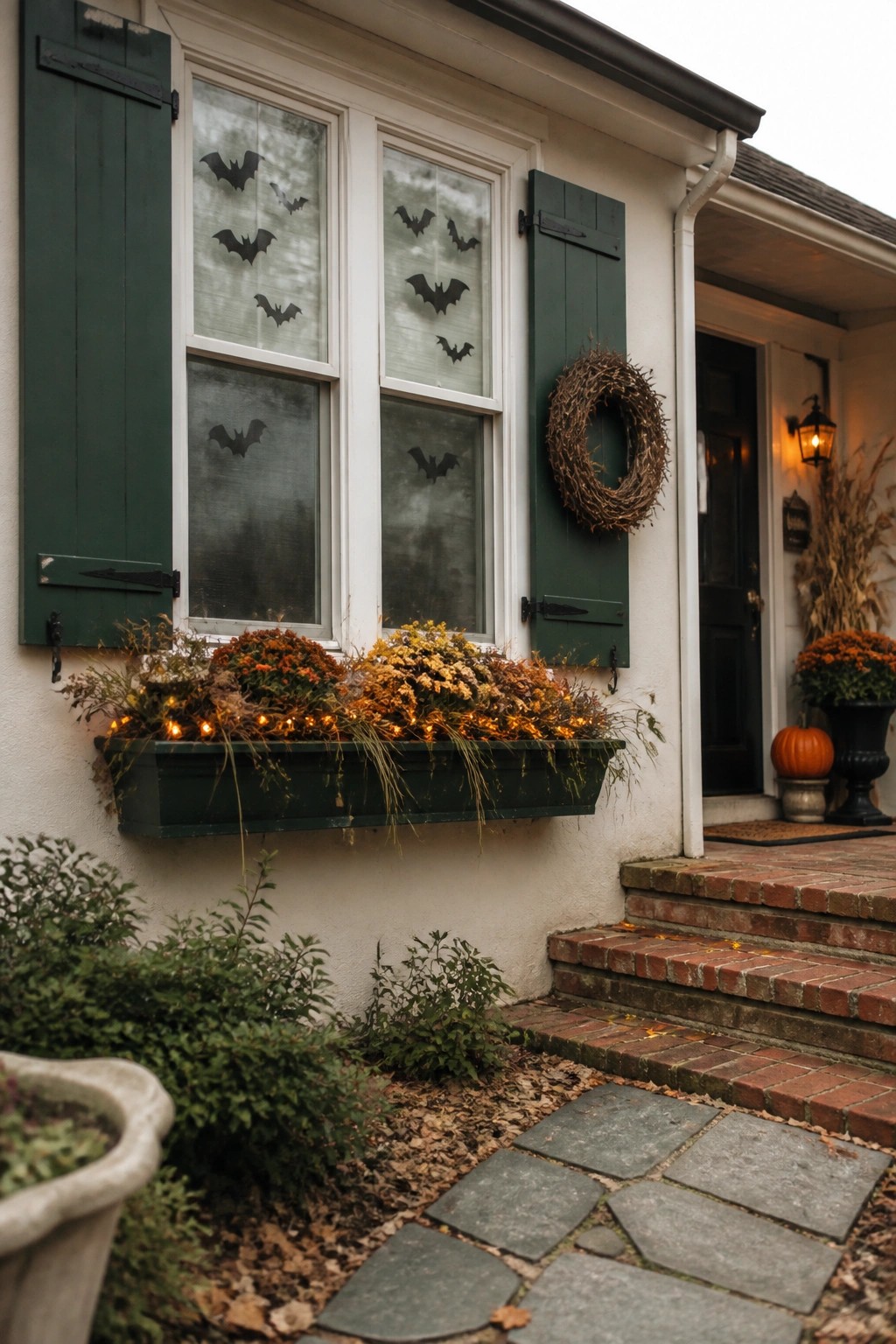 A house exterior featuring green shutters and multiple windows with black bat cutouts applied to the glass panes.