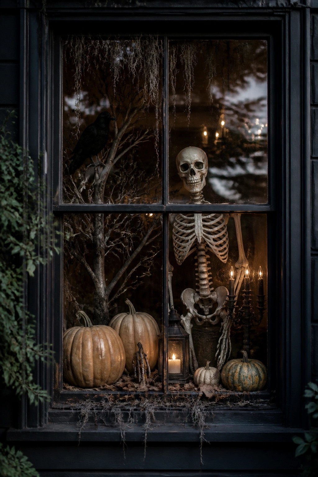 A window display with a full skeleton standing upright among pumpkins, lit candles, and a black crow visible through the glass.