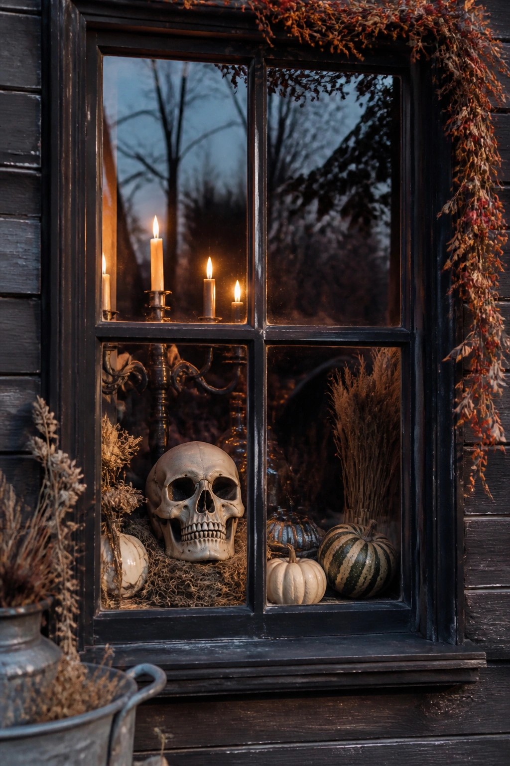 Black window display featuring a skull, lit candles, and small pumpkins arranged on the sill with dried grasses.