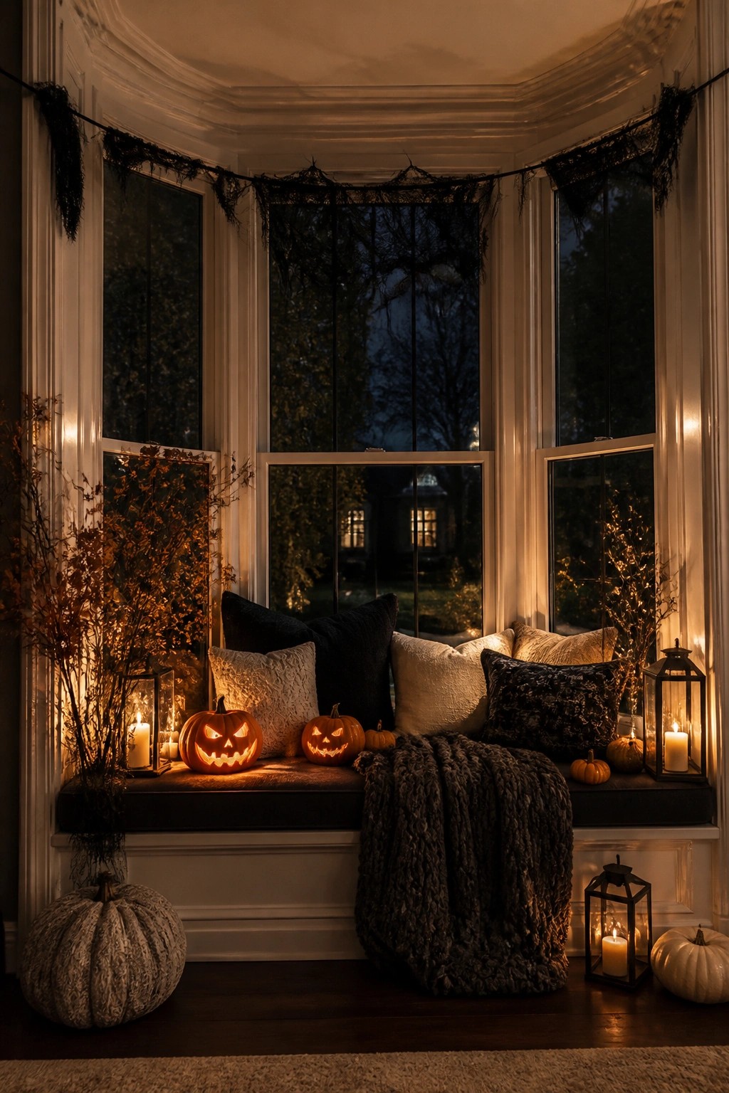 Cozy Halloween bay window seat with glowing jack-o'-lanterns, pillows, lanterns, and black lace.