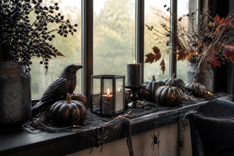 Windowsill with a tall black vase holding dark branches, surrounded by orange and black pumpkins and glowing lanterns.