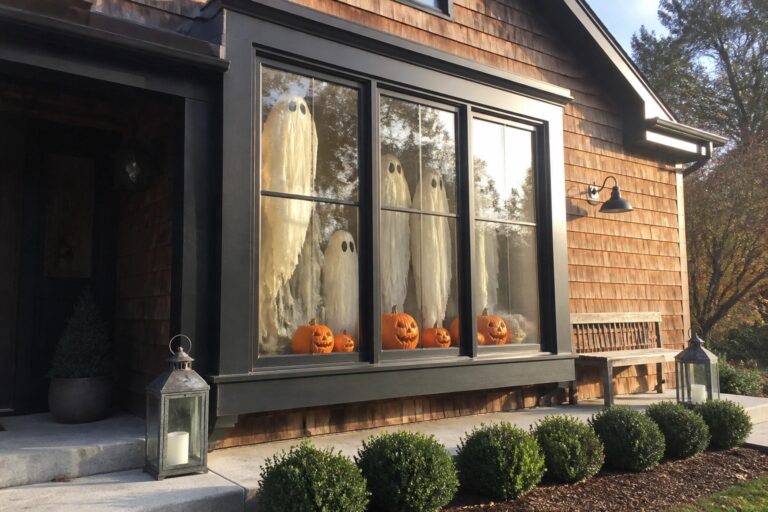 A house exterior with black-framed windows showing three hanging ghost decorations and carved pumpkins along the sill, with lanterns and shrubs in the foreground.
