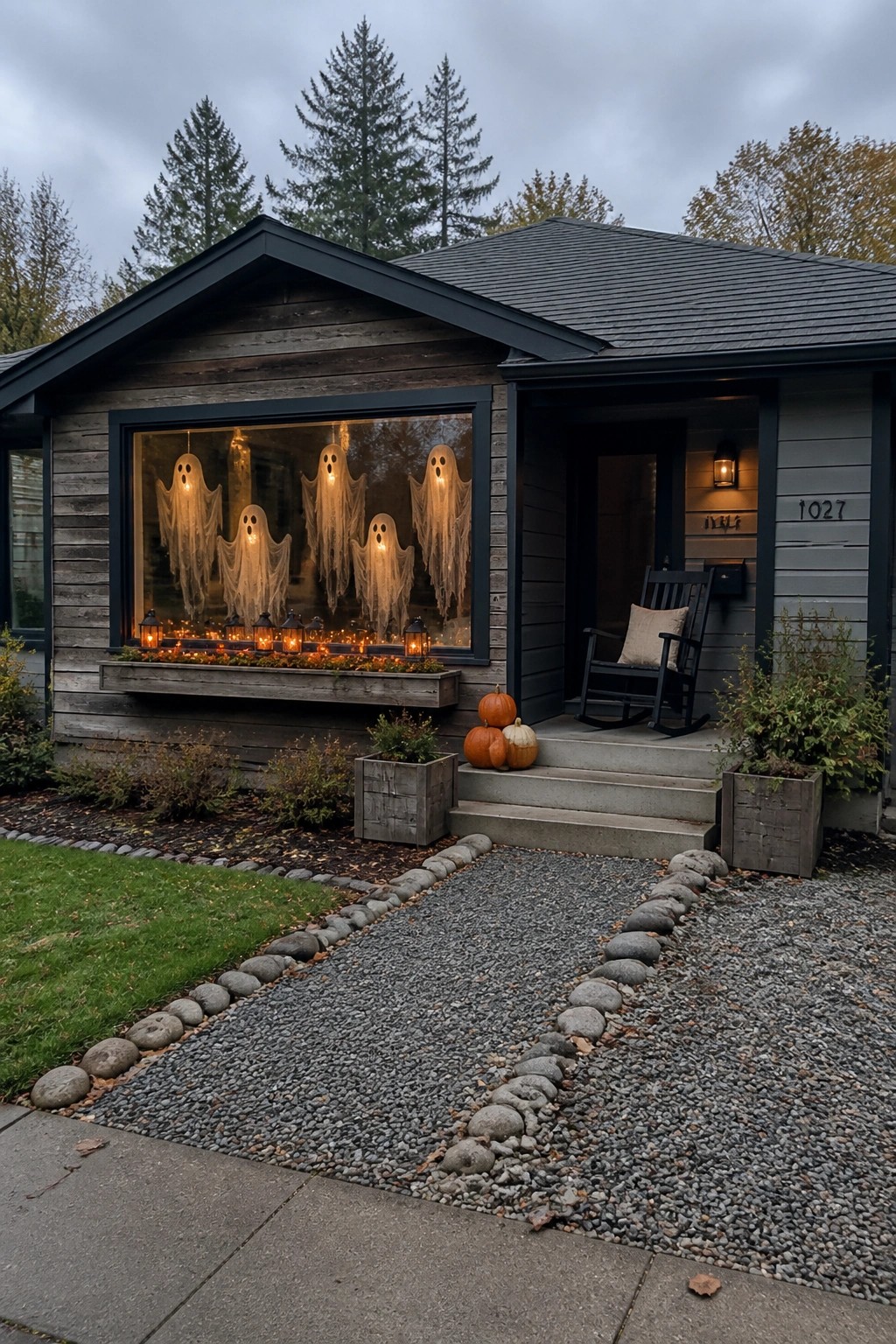 A house exterior at dusk featuring a large picture window with five illuminated ghost figures inside, small lanterns along the sill, pumpkins near the steps, and a gravel walkway in the foreground.