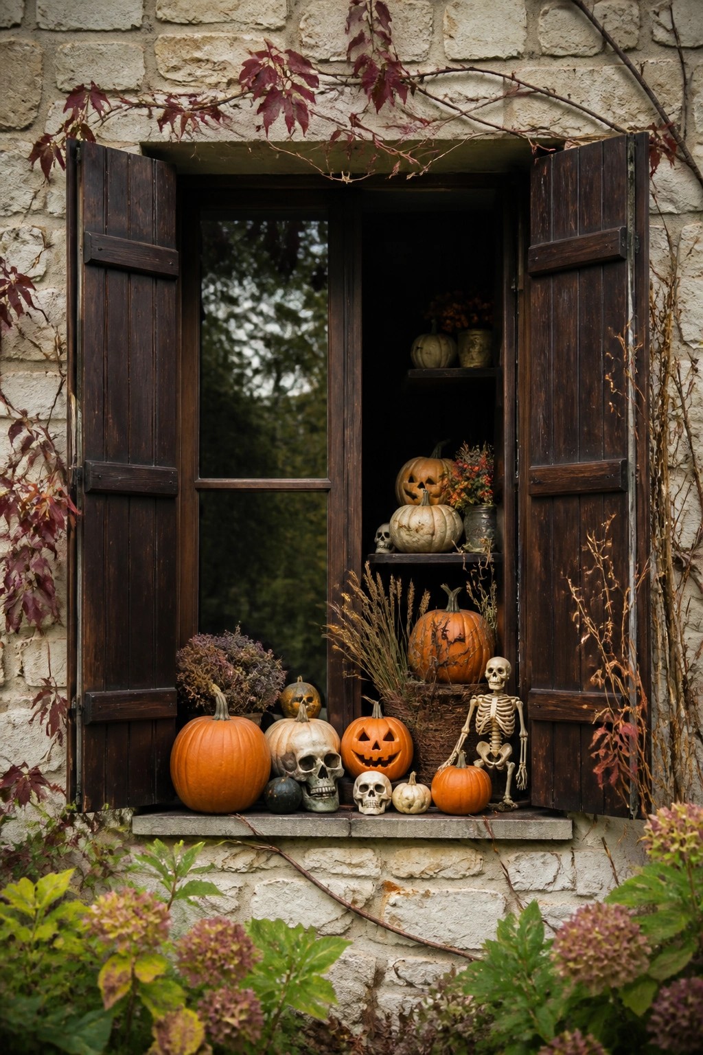 Open window with dark shutters on a stone wall, decorated with orange and white pumpkins, carved jack o lanterns, skulls, and a small skeleton figure on the sill.