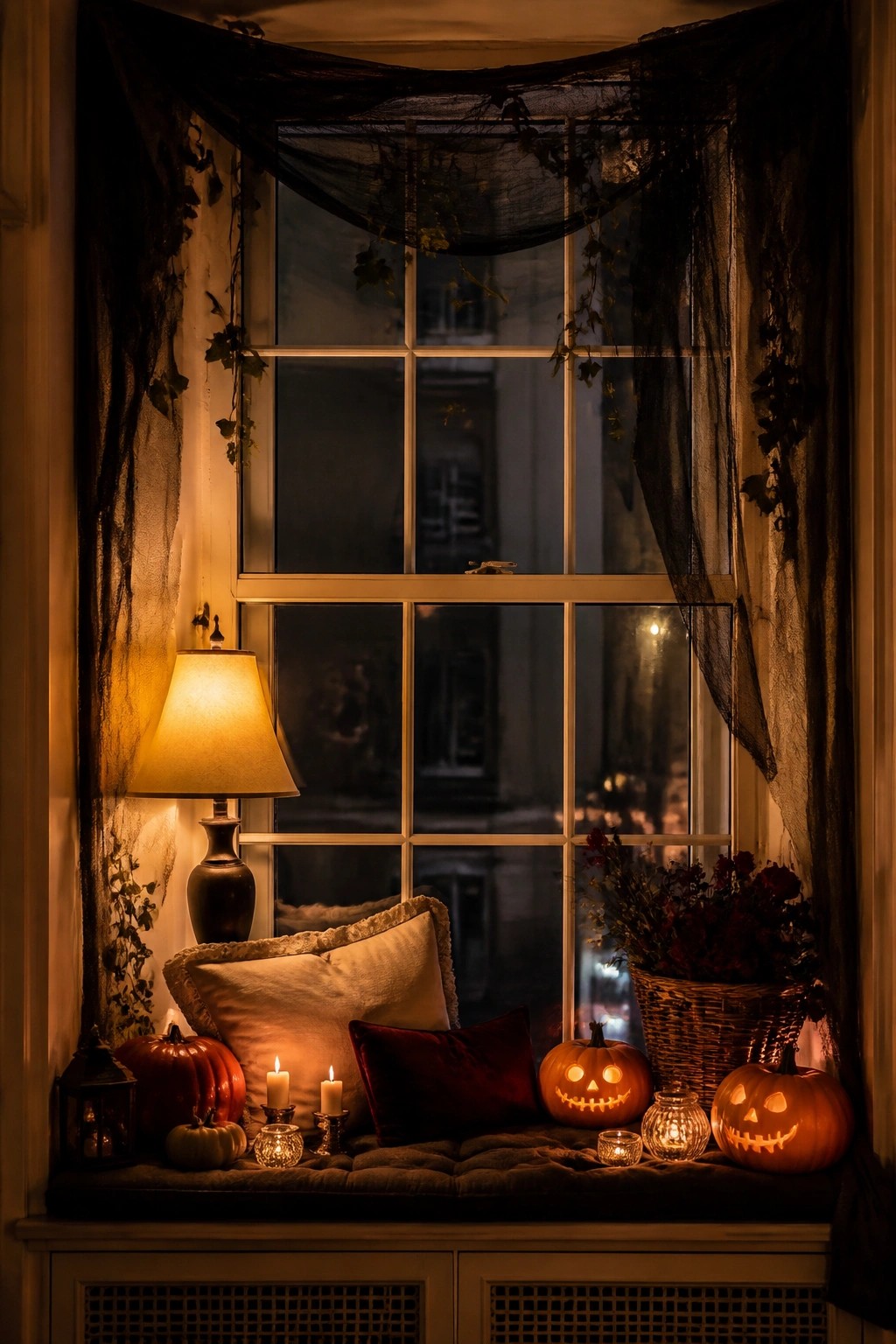 Indoor window with multiple carved jack-o'-lanterns and candles arranged on a cushioned seat.