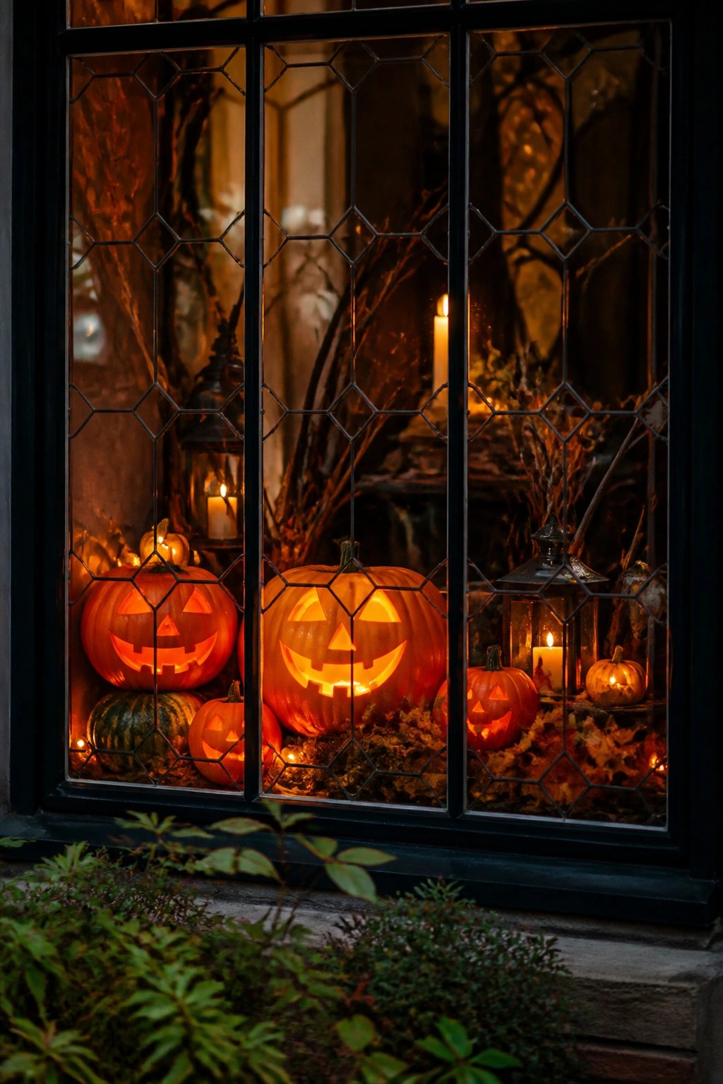 Glowing jack-o'-lanterns and candles inside a dark leaded-glass window at night
