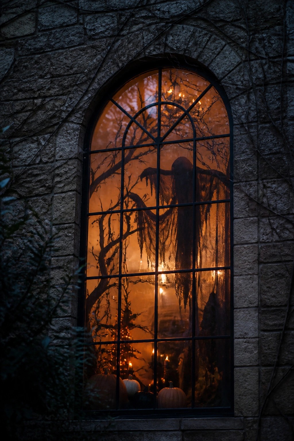 Arched window at night with a large hanging ghost figure visible through the glass and pumpkins lined along the base.
