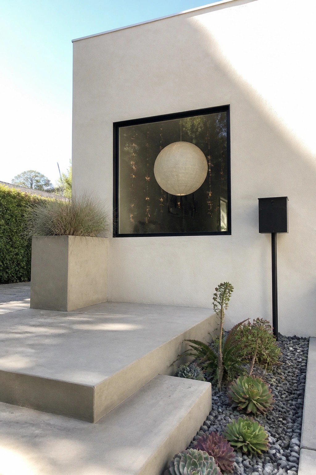 A large round paper lantern hangs centered inside a black-framed window on the exterior of a light stucco house, with concrete steps and gravel landscaping visible below.