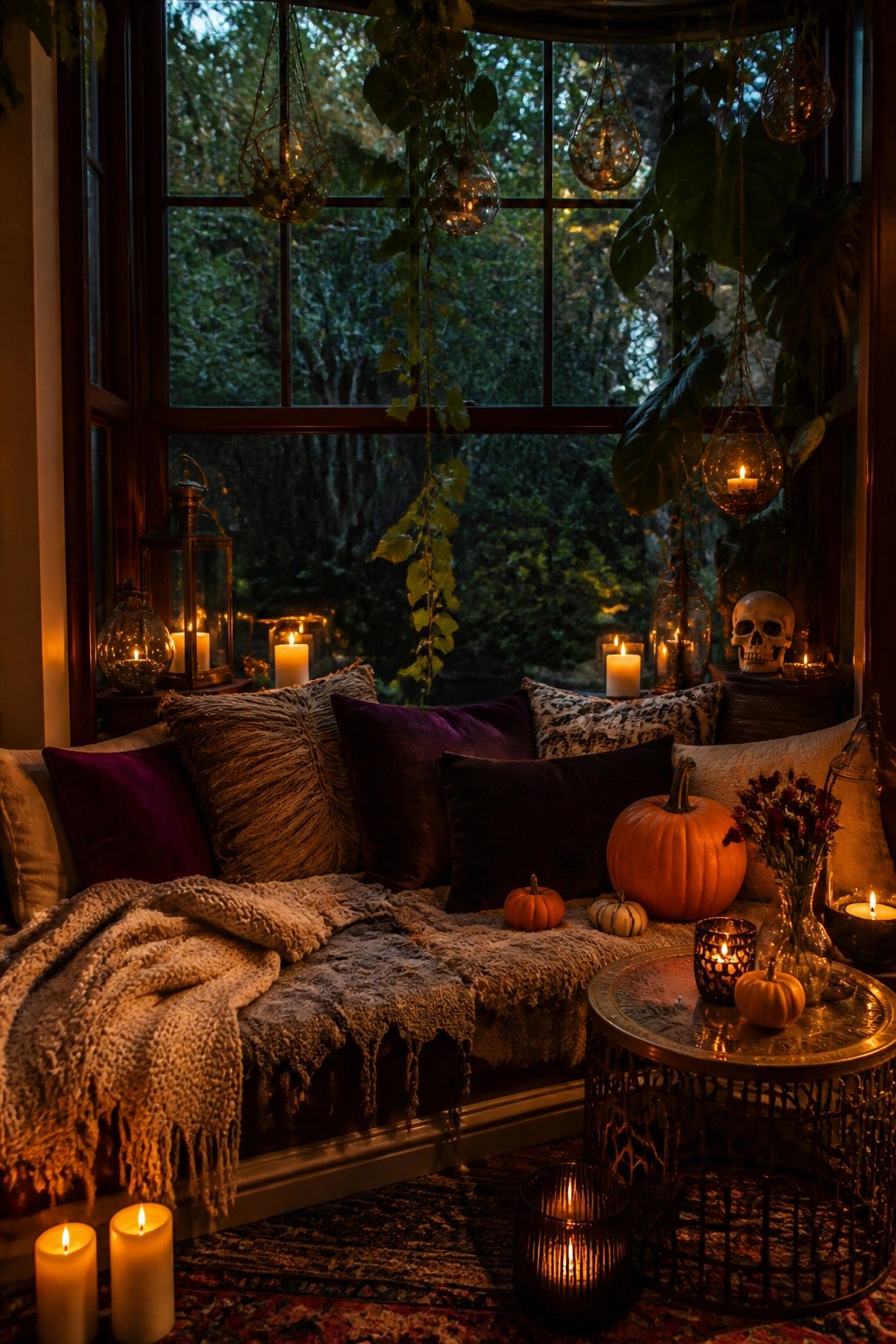 Large window with several hanging glass orbs holding lit candles, a skull on the sill, and pumpkins arranged on the window seat.