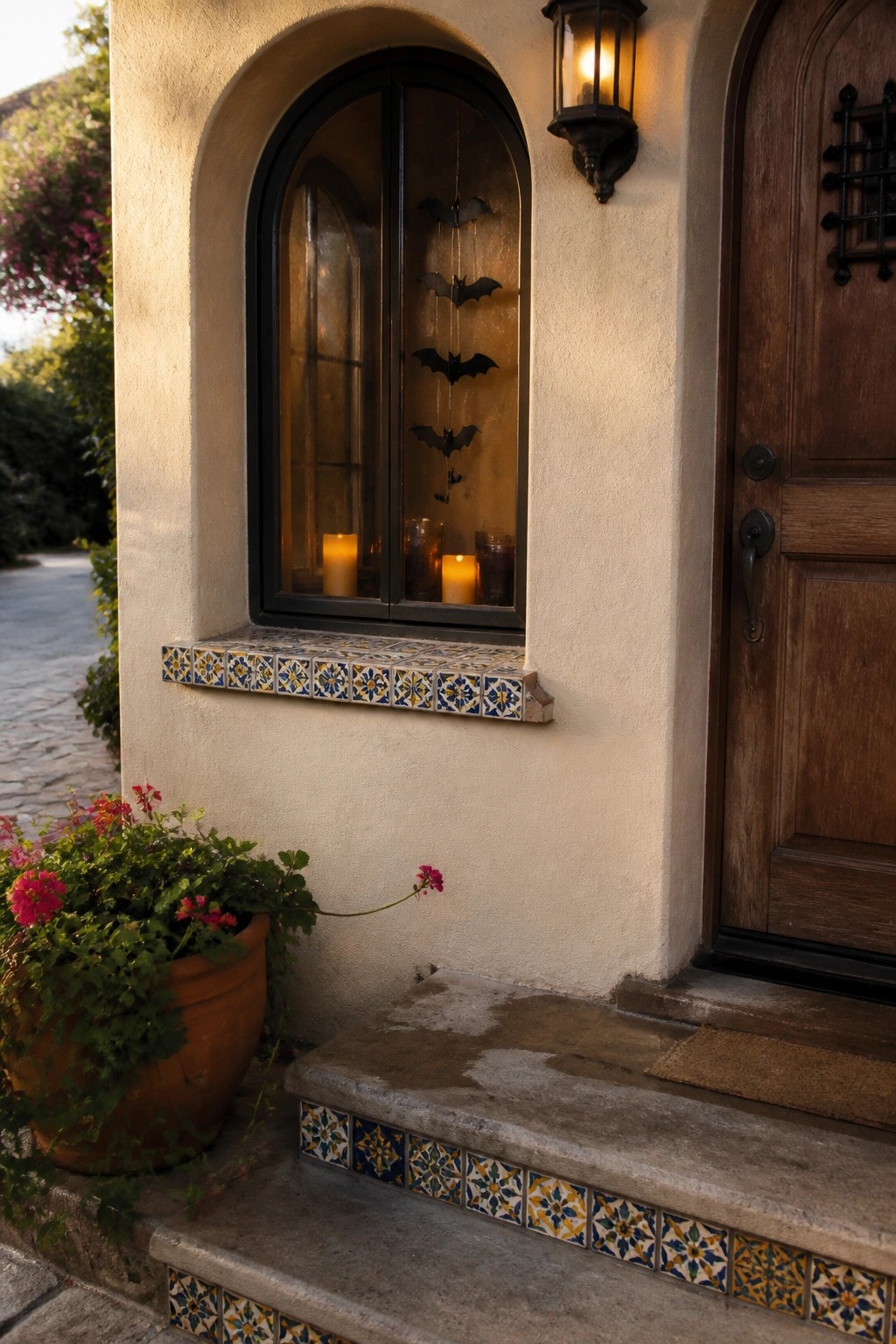 Arched window with hanging bats and candles above colorful tiled steps by wooden door.