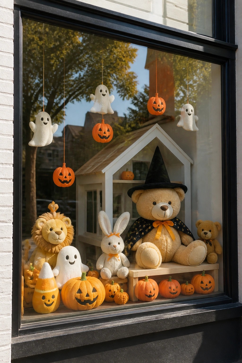 Halloween window display with witch-costumed teddy bear, plush animals, pumpkins, and hanging ghosts.