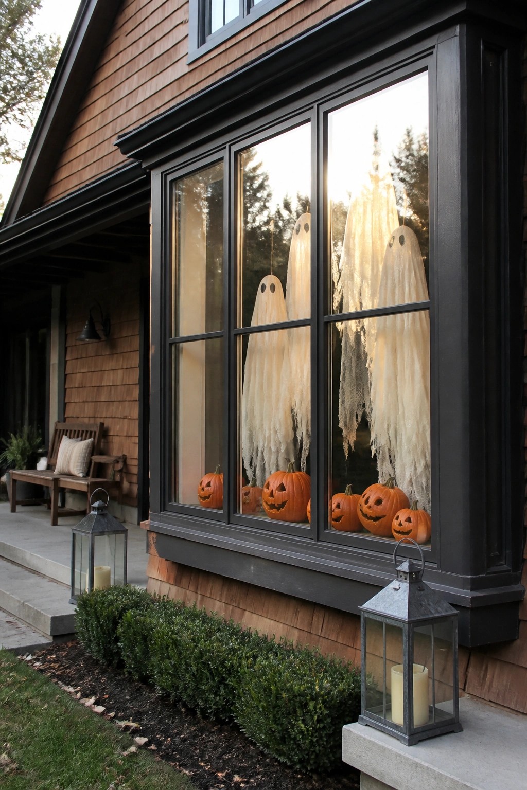 A house exterior with black-framed windows showing three hanging ghost decorations and carved pumpkins along the sill, with lanterns and shrubs in the foreground.