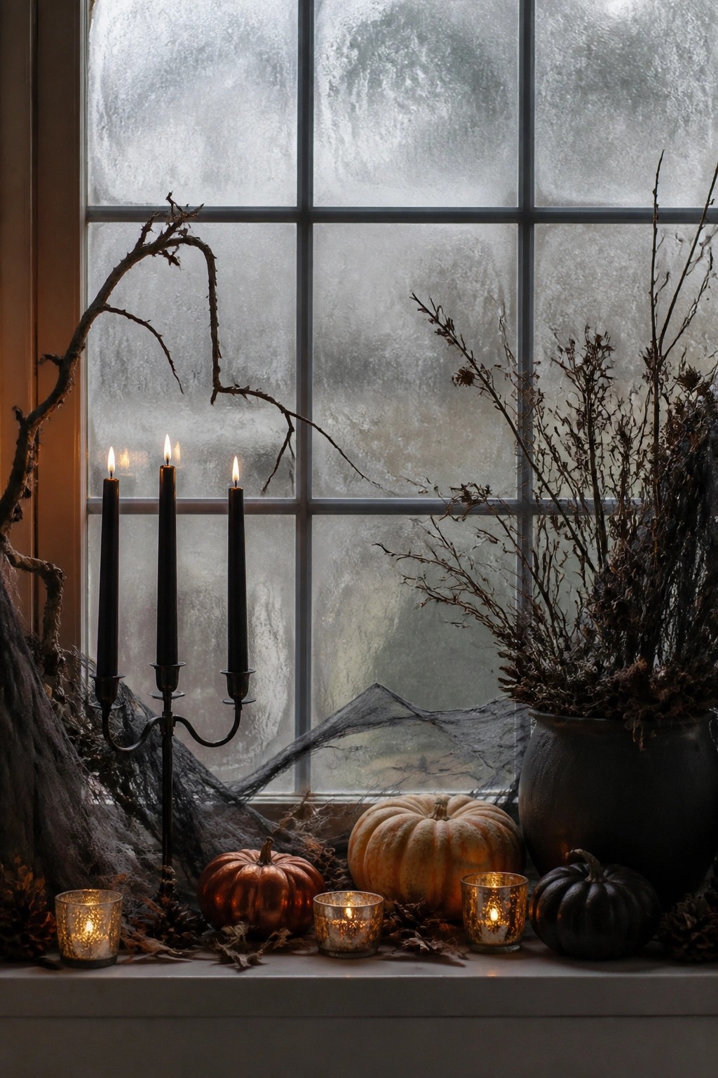 Lit black candles, pumpkins, and dried branches on windowsill before frosted window