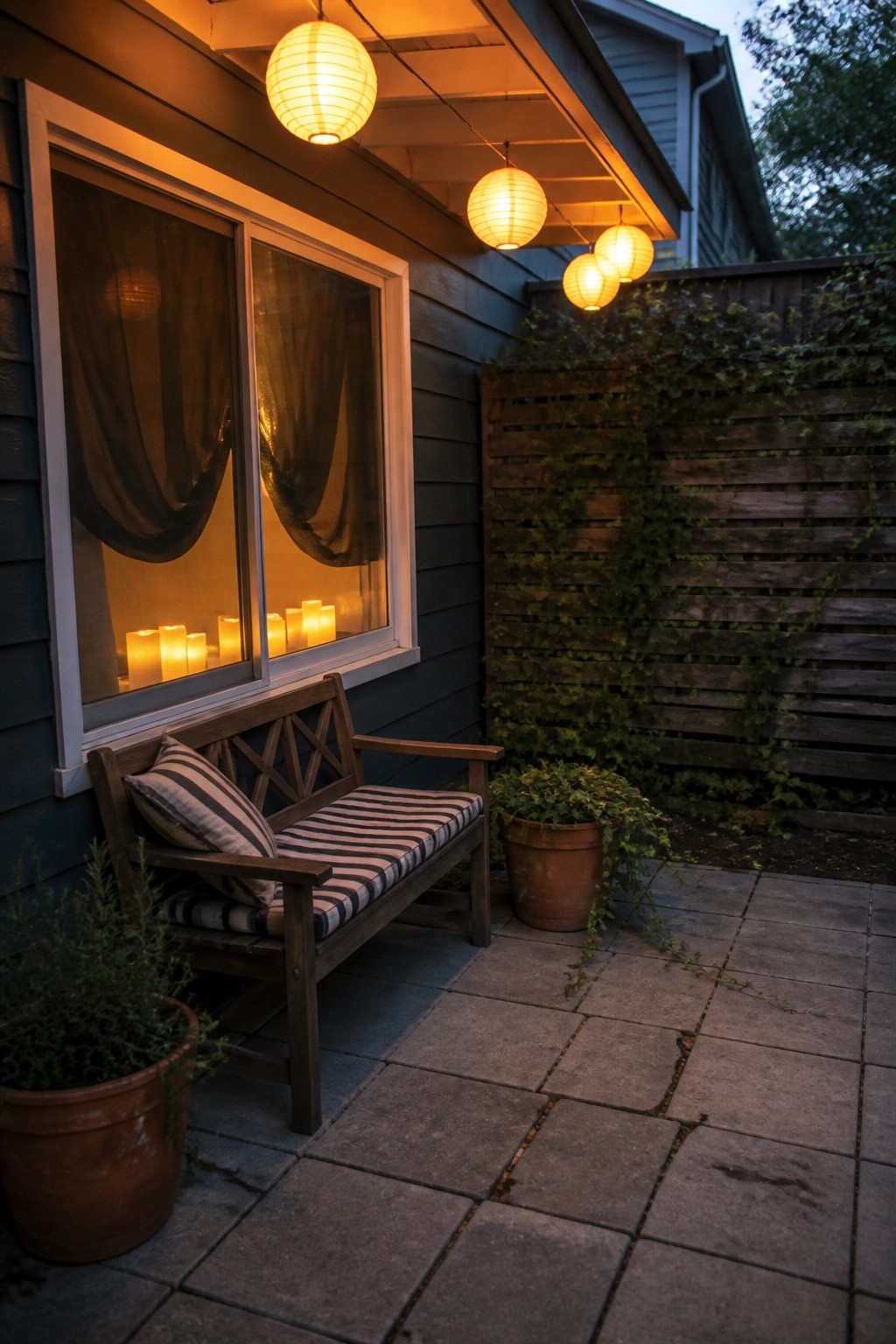 A dark house window with several lit candles lined up on the sill and paper lanterns hanging above a wooden bench on the patio.