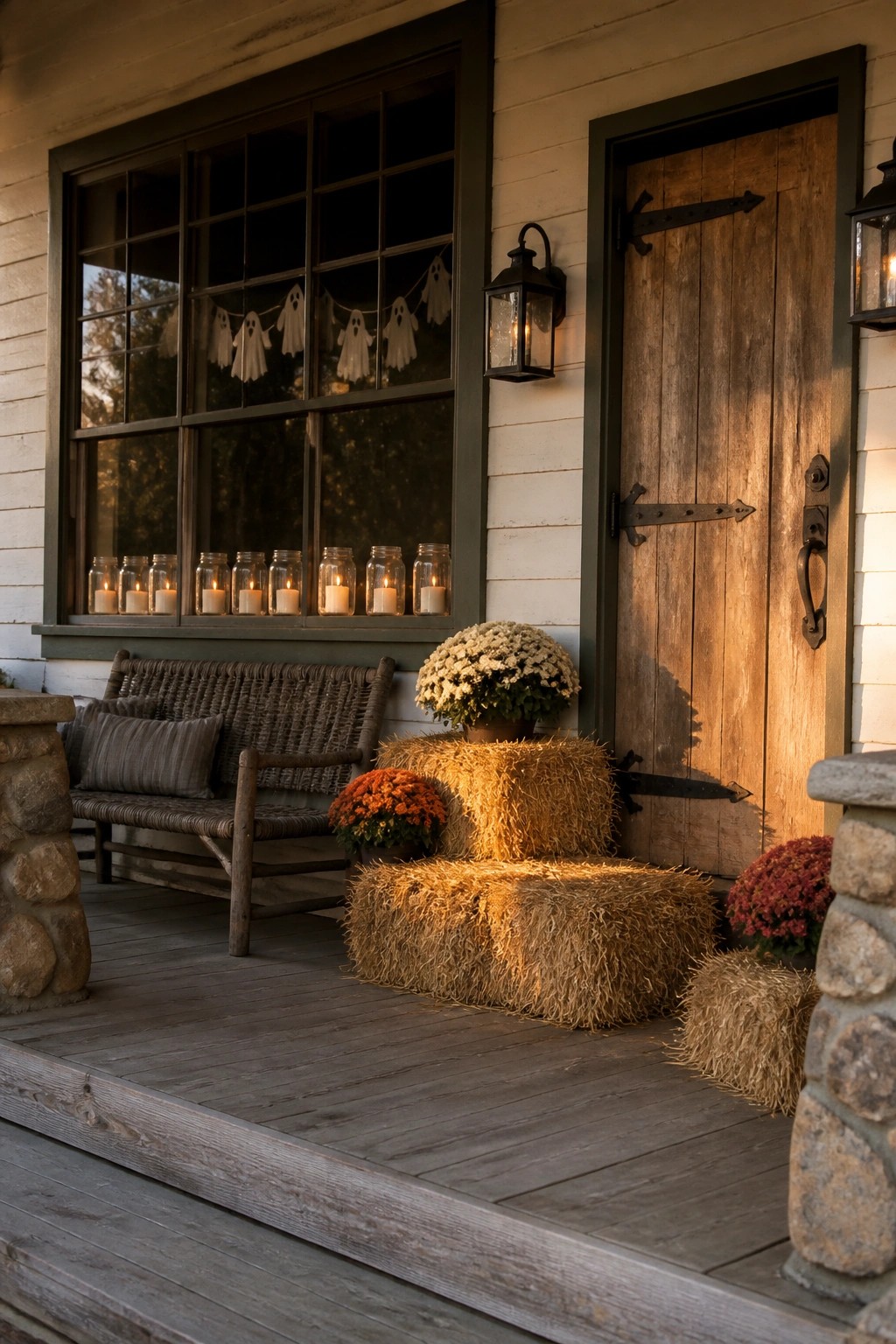 A house exterior shows a large multi-pane window with lit candles in glass jars along the sill and a ghost garland hanging inside the glass, beside a wooden door.