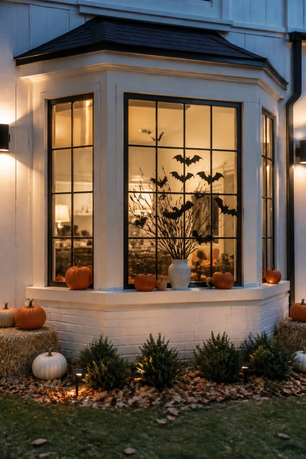 Bay window with bat cutouts, pumpkins, vase, and autumn leaves at dusk