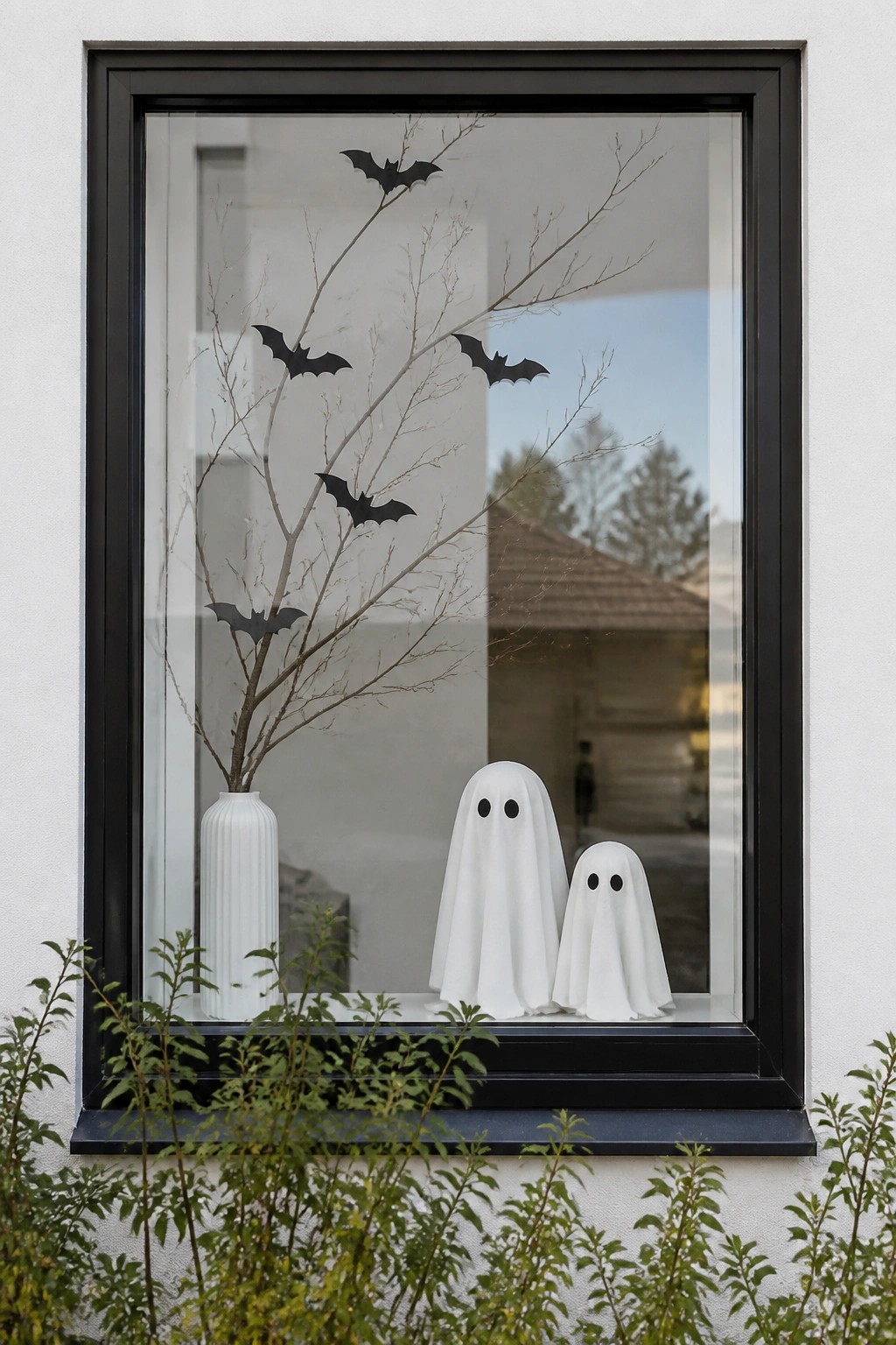 Window with two white ghost figures on the black sill, black bat cutouts on the glass, and a white vase holding bare branches.