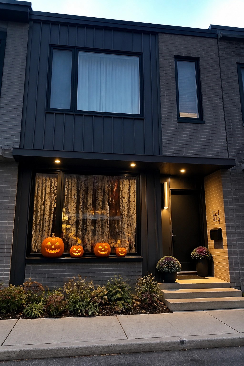 Four carved jack-o'-lanterns sit on the ledge of a large ground-floor window on a modern brick and dark metal house.