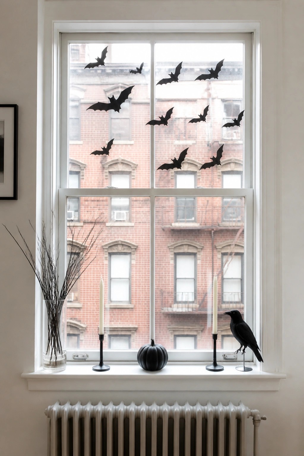 White window with multiple black paper bats attached to the glass and a black crow figurine on the windowsill.