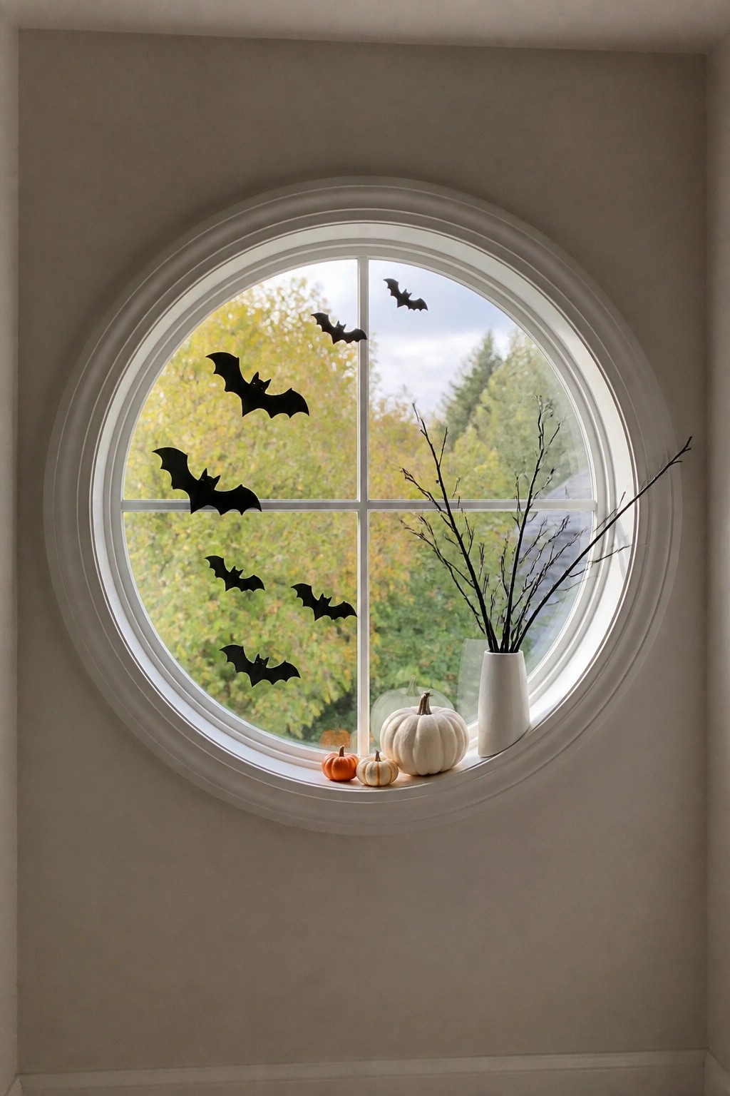 Round window with black paper bats arranged on the glass and white and orange pumpkins on the sill.
