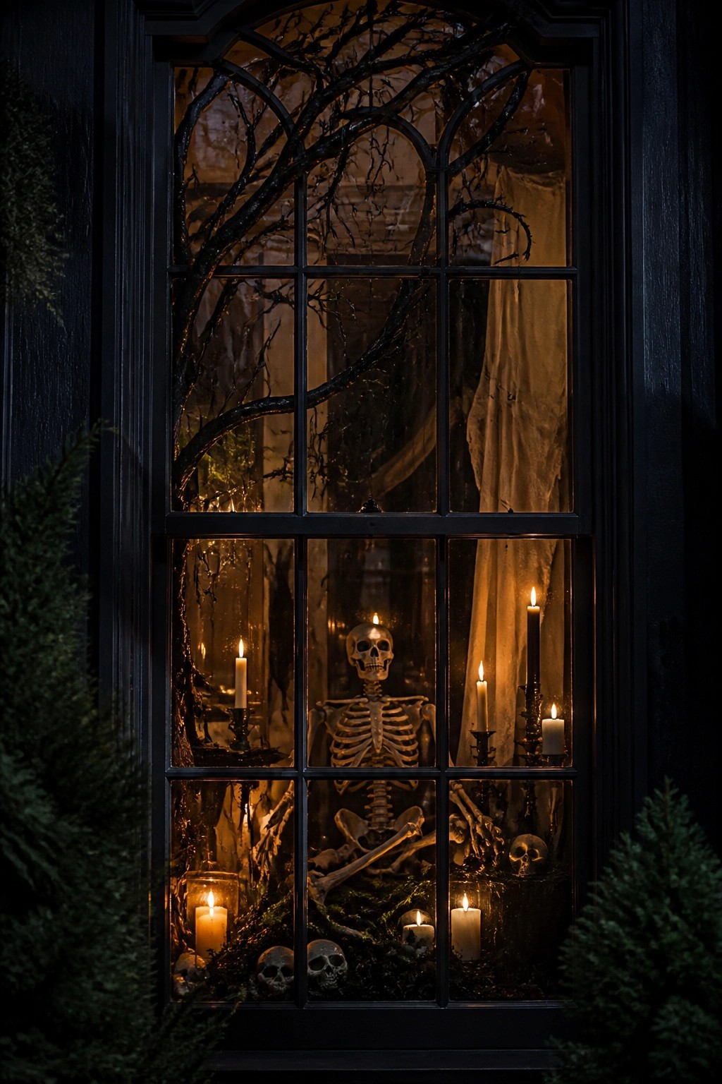 Skeleton with lit candles and skulls in a dark multi-paned window at night