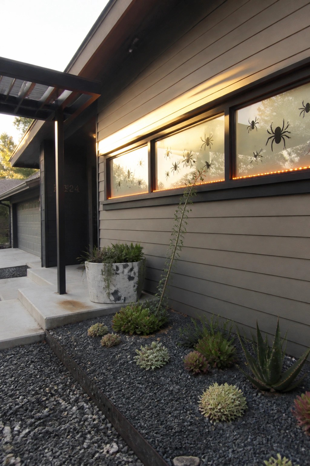 Modern house exterior with three windows displaying black spider decals and a row of small LED lights along the lower edge.