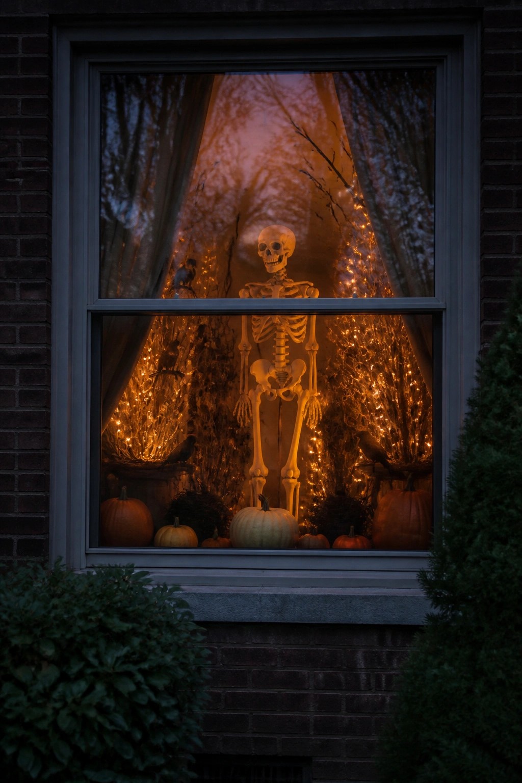A tall skeleton stands centered in a large window, surrounded by warm string lights and pumpkins lined along the sill.