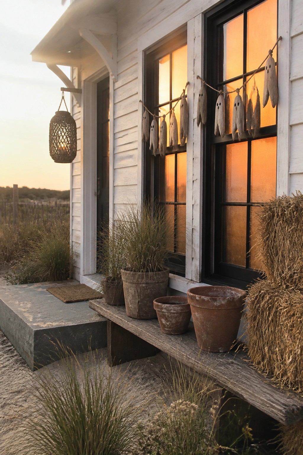 Rustic white porch with ghost garlands, terracotta pots, hay bale at sunset