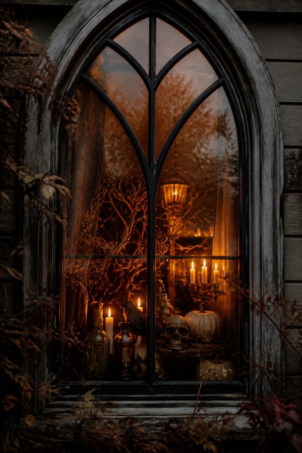 Gothic arched window with skulls, lit candles, pumpkins, and dark bottles arranged on the sill.