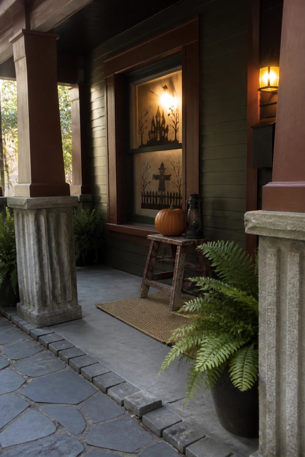 Porch with Halloween window silhouettes, pumpkin on stool, lantern, and fern plant