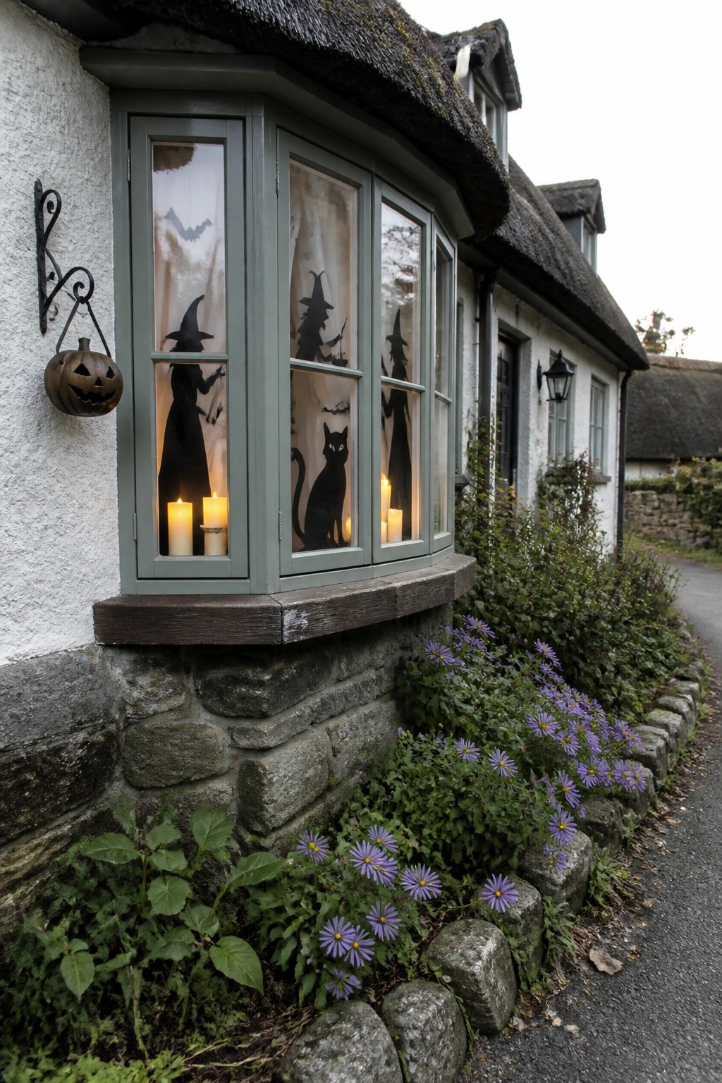 A bay window on a white and stone house shows black Halloween silhouettes of witches, a cat, and bats, with lit candles on the sill and a jack-o'-lantern hanging nearby.
