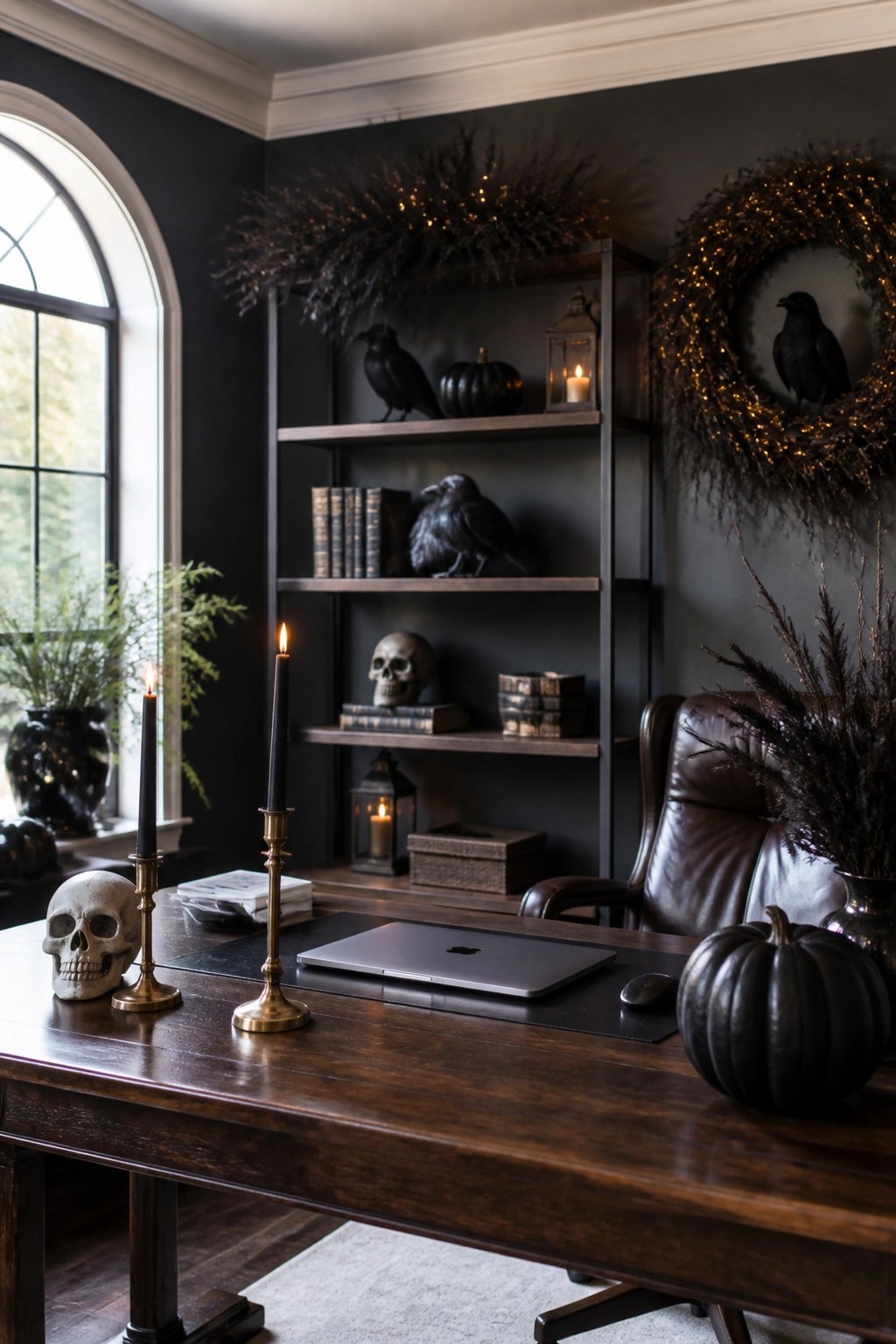 Dark wood desk and shelves styled with black crows, skulls, candles, and black pumpkins for Halloween.