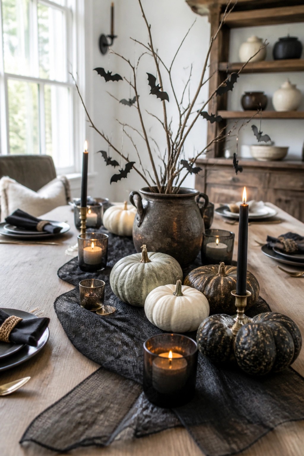 Dining table centerpiece with bare branches holding black paper bats, surrounded by black candles and assorted pumpkins on a dark runner.