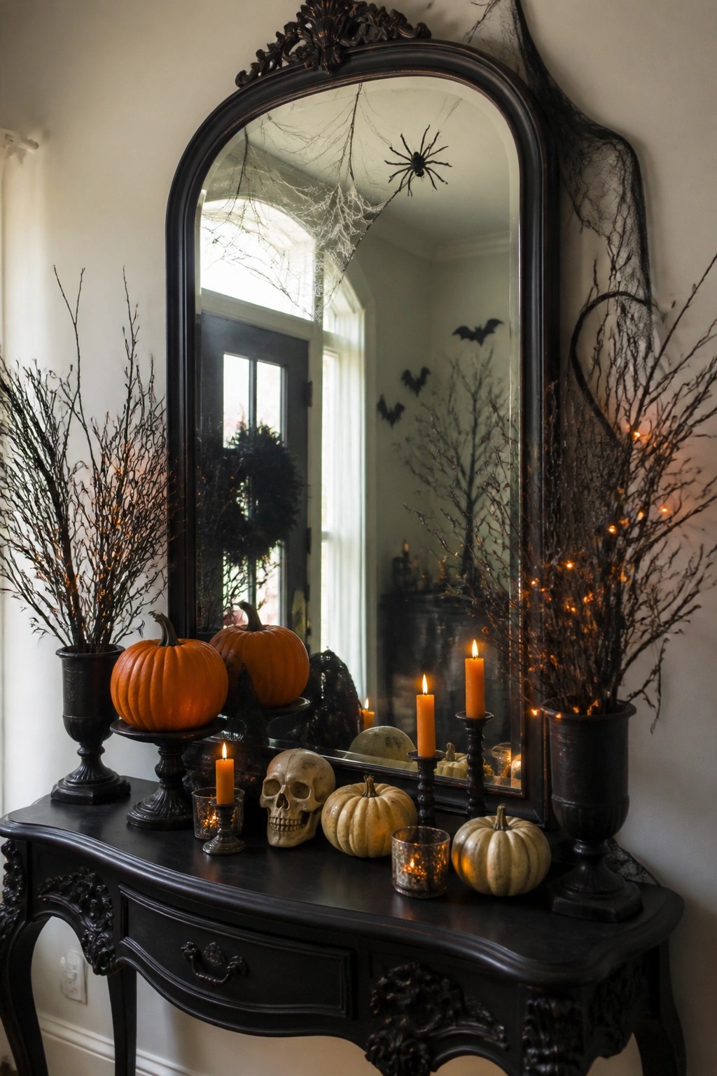 Ornate black mirror above console table with pumpkins, skull, candles, spiderwebs, and branches.