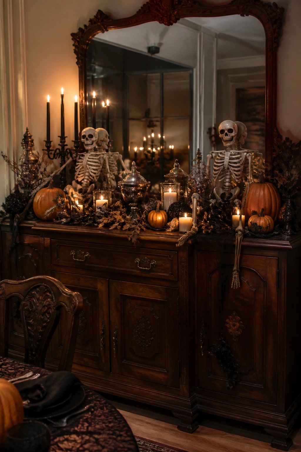 Dark wooden sideboard styled with multiple human skeletons, black taper candles, and small orange pumpkins for a Halloween display.
