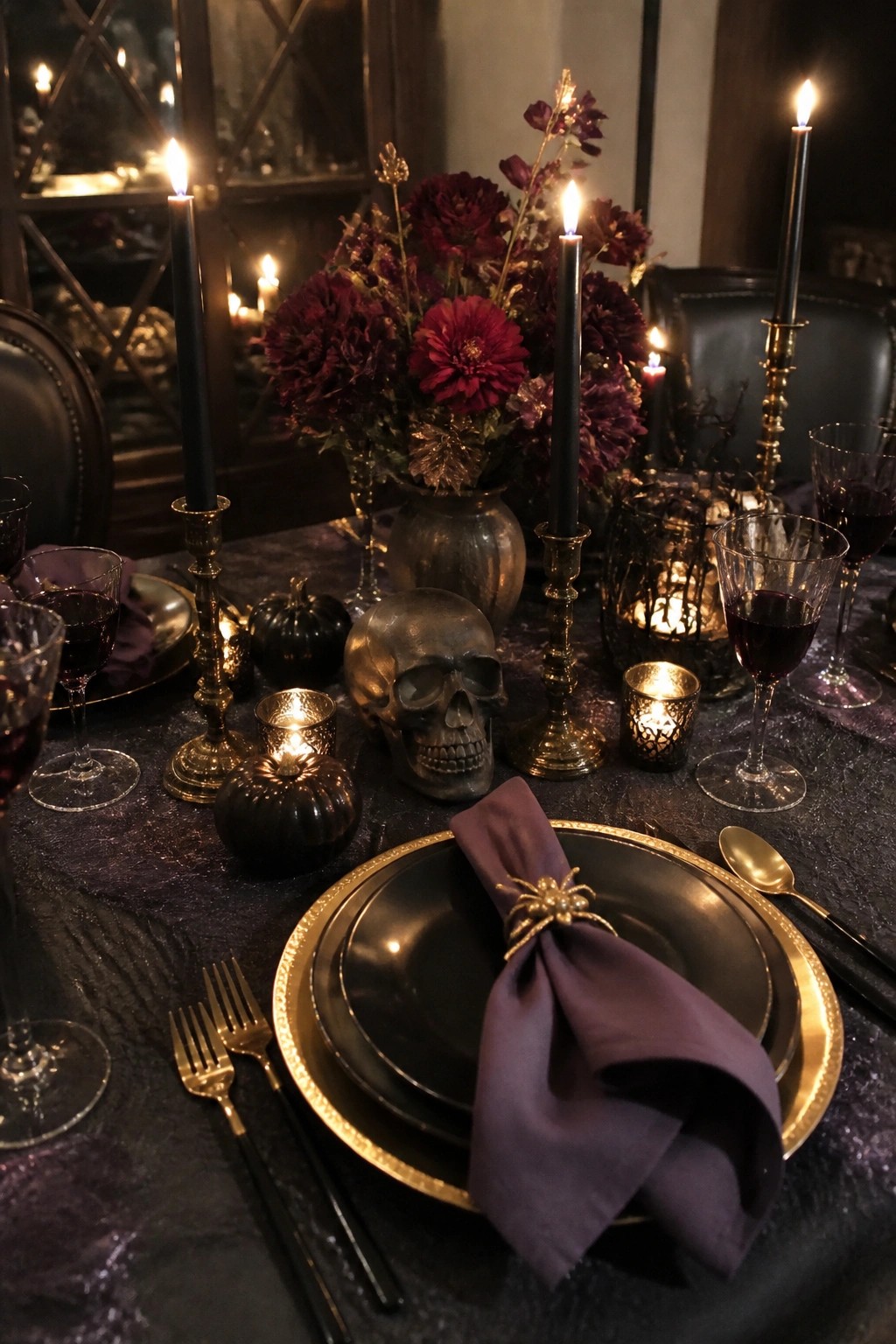 Dark gothic table with skull, black candles, burgundy flowers, gold plates, and spider napkin