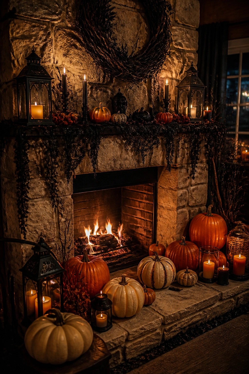 A stone fireplace with a Halloween mantel display of orange and white pumpkins, black lanterns holding lit candles, and a dark wreath hanging above the hearth.