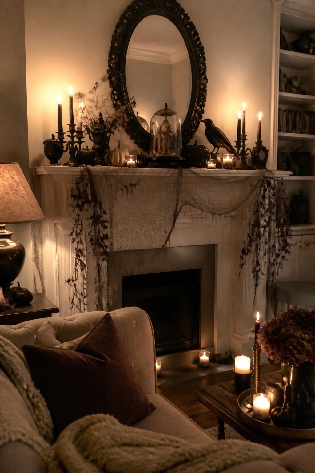 Cozy living room with spiderweb-draped mantel, lit candles, pumpkins, and black crow