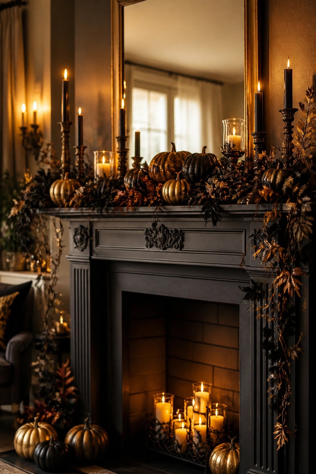 Dark gray mantel adorned with gold pumpkins, black candles, and autumn garlands.