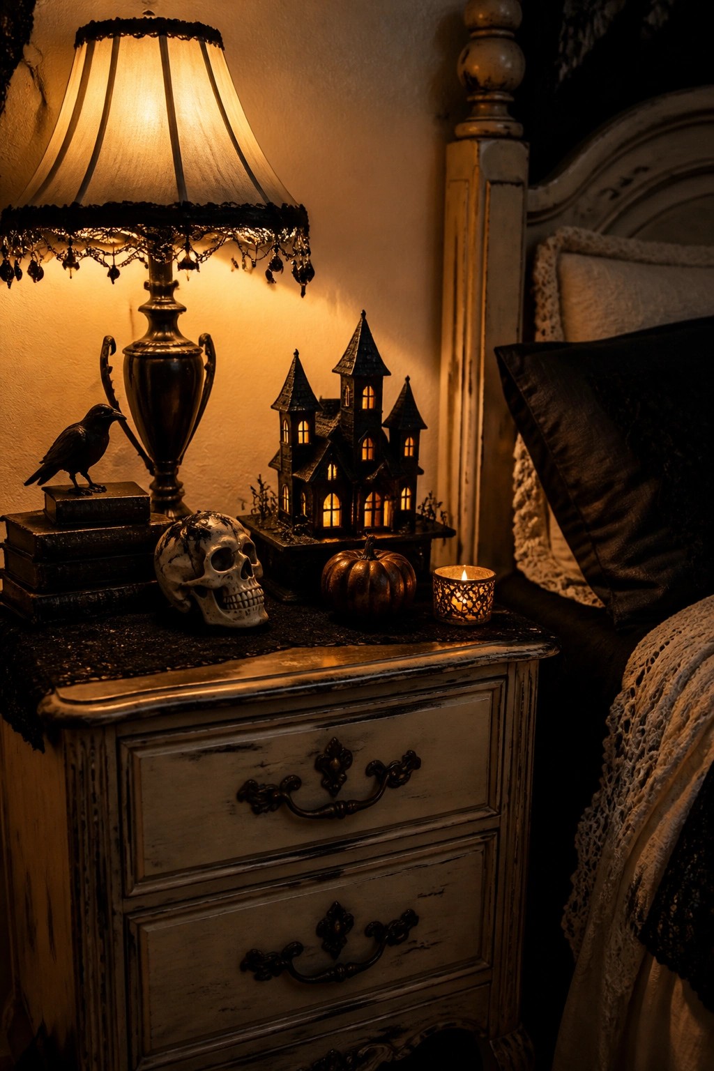 Vintage nightstand with skull, raven, haunted house, pumpkin, and glowing lamp