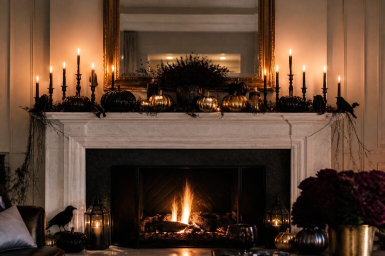 Dark gray mantel adorned with gold pumpkins, black candles, and autumn garlands.