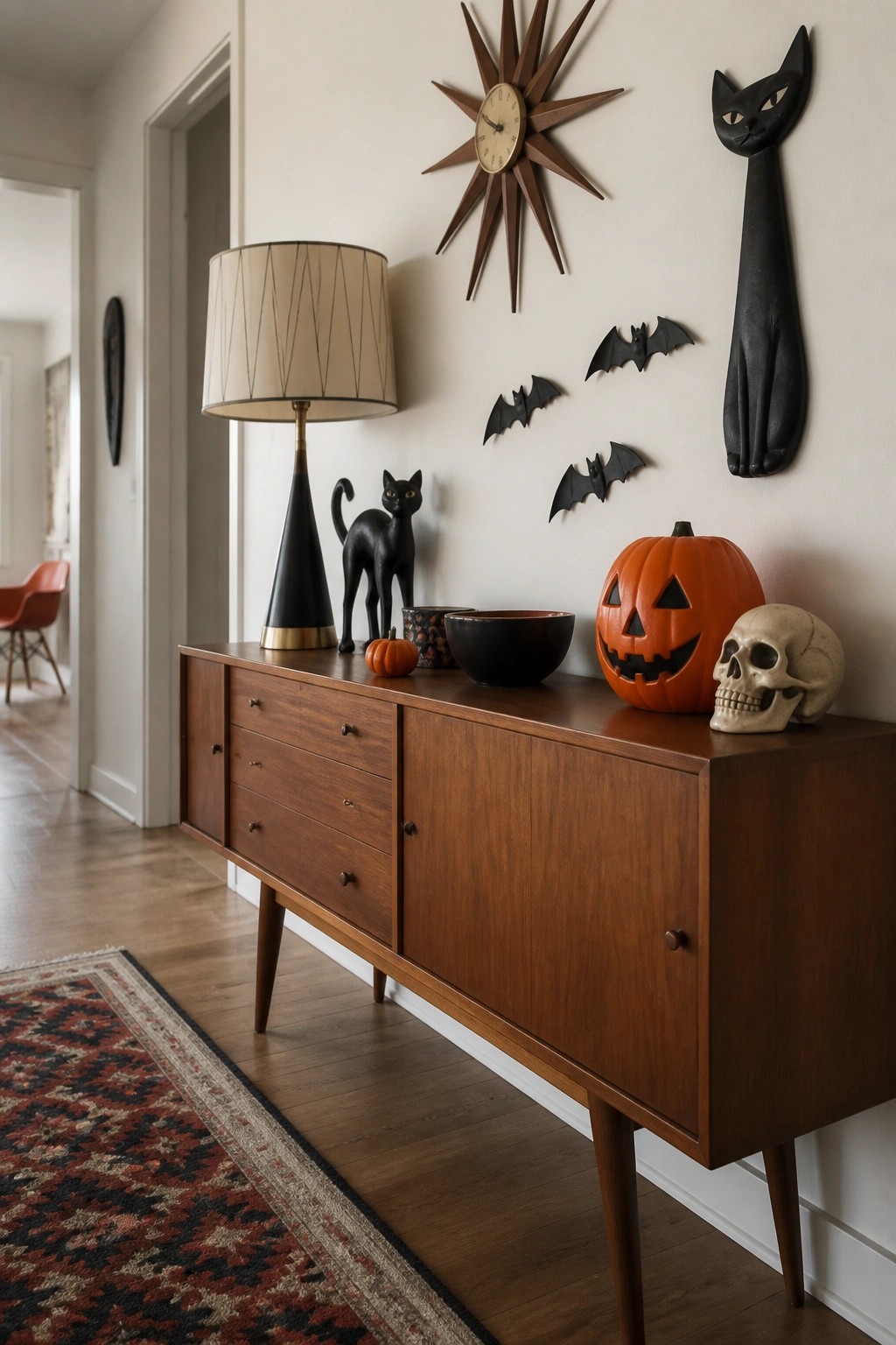 Wooden console table styled with a carved jack o lantern, skull, black cat figurine, and small pumpkin, with black bat decorations and a tall black cat silhouette on the wall above.