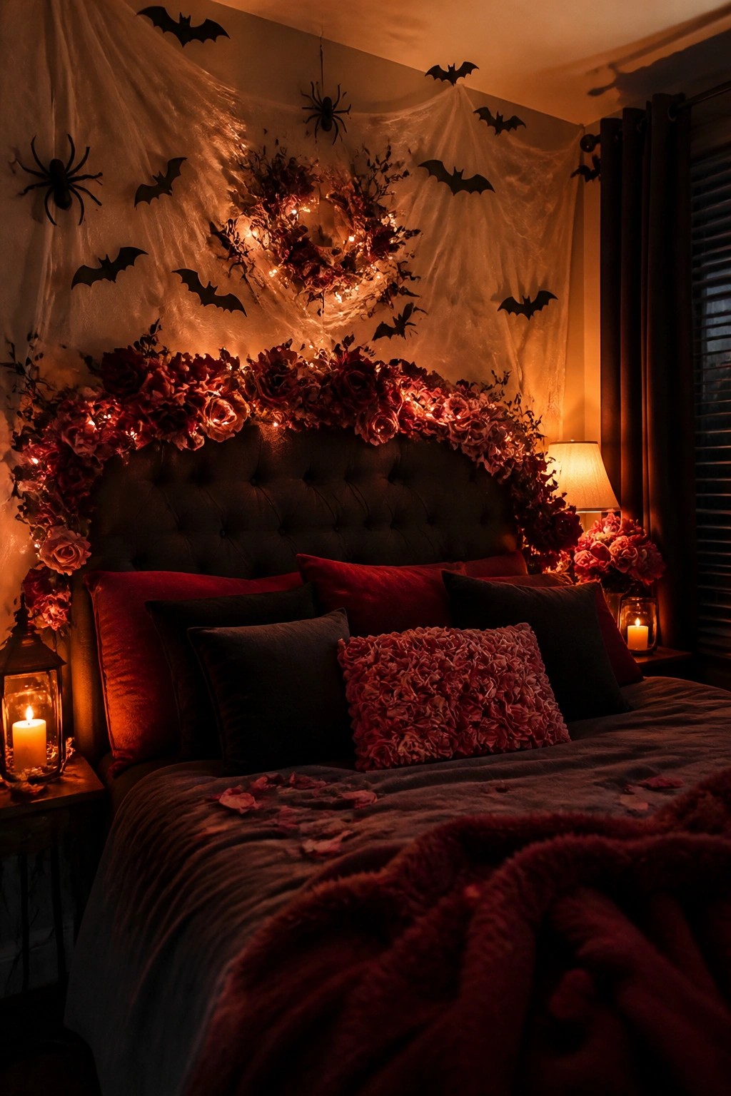 A bedroom with black bat and spider decorations on a wall covered in sheer fabric above a dark tufted headboard wrapped in red floral garlands and string lights.