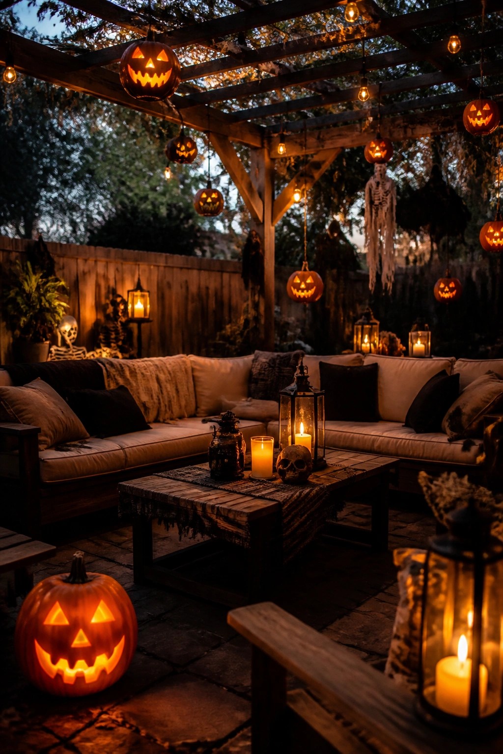Covered outdoor patio with glowing jack-o'-lanterns suspended from wooden beams above a neutral sectional sofa, plus lanterns and skeleton figures.